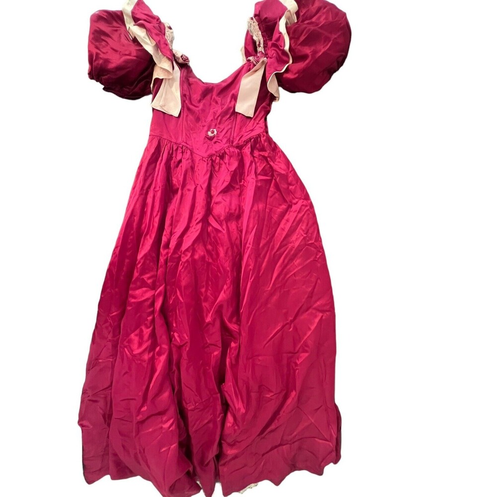Vintage Gunne Sax Burgundy Satin Pink Lace Short Puff Sleeve Maxi Dress No Size - Picture 1 of 16